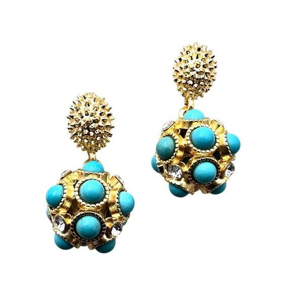 Womens Earrings Turquoise Glass Rhinestone Drop Gold Plated Pierced Chandelier - Picture 1 of 5